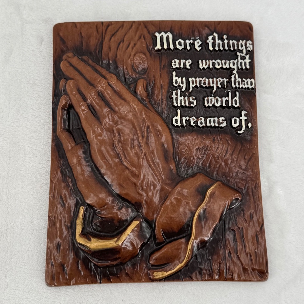 Vintage Praying Hands 3D Wall Plaque Religious Relief Scripture Brown 9.5x7.5